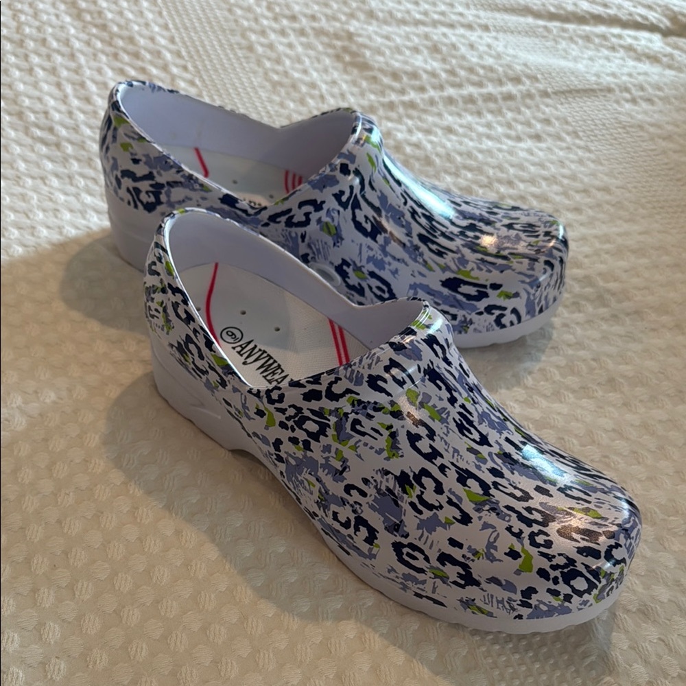 White and Blue Leopard slip on work or yard